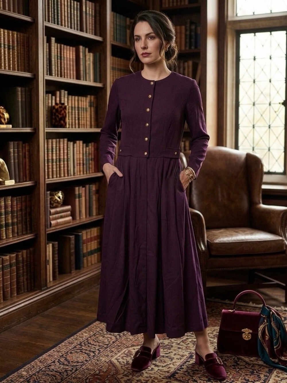 Vintage 80s LANZ Eggplant Purple Pleated Maxi Dress Dark Academia Regal Pockets